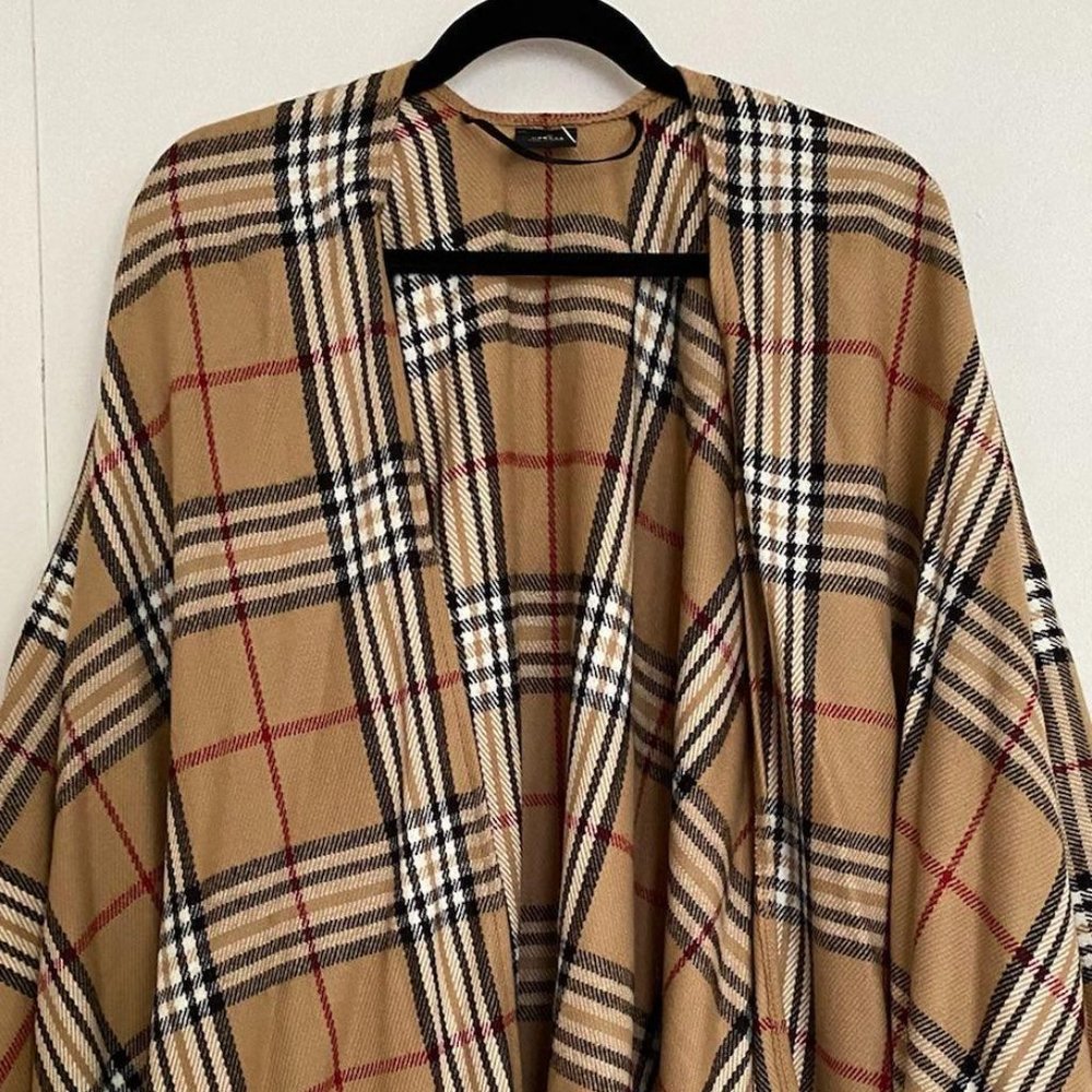 V. Fraas Plaid Ruana Beige Blanket Wrap